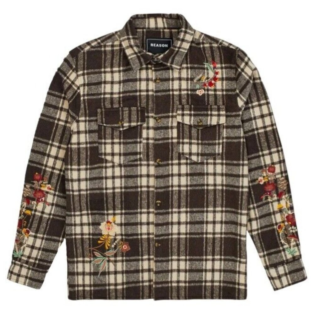 Reason Botanic Embroidered Flannel Overshirt Button Up Brown Men's Size Medium